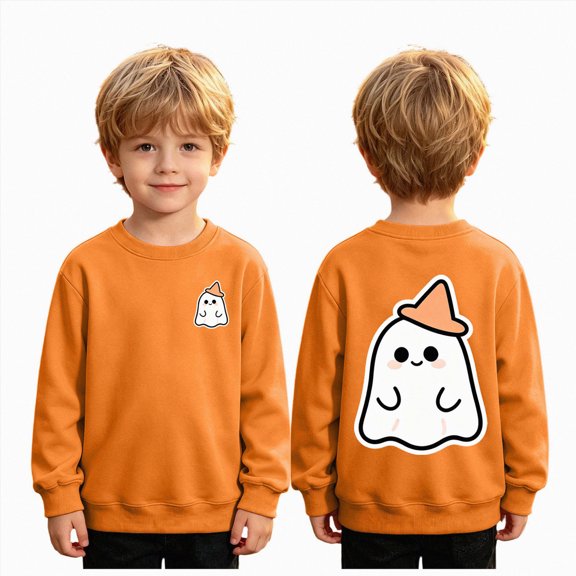 felwors Kids Halloween Sweatshirt Boys Girls Pumpkin Ghost Toddler Shirt Crewneck Long Sleeve Graphic Top (Orange,5-6 Years)