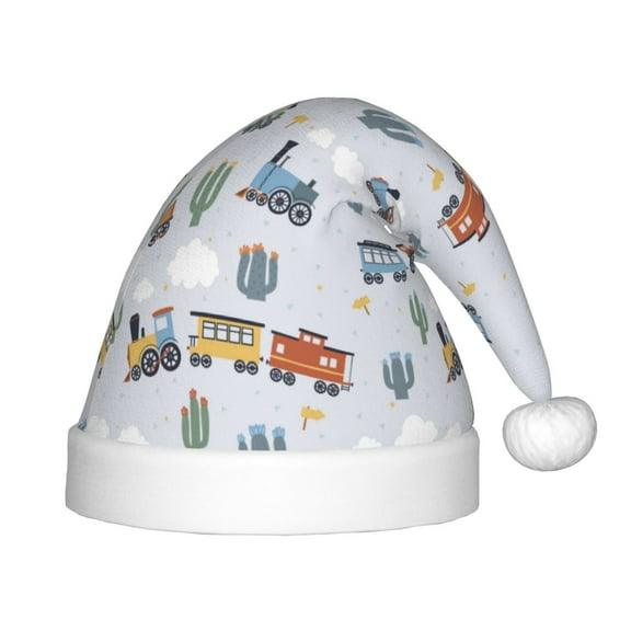 Fuzoiu Trains And Cactuse Print Santa Hat Christmas Hat for kids,Santa Hats with Pompom, Unisex Xmas Holiday Hat for Christmas New Year Festive Party Supplies