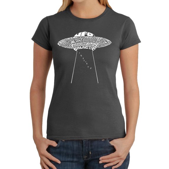 LA Pop Art Women's Word Art T-Shirt - Flying Saucer UFO
