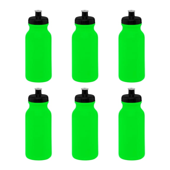 Water Bottle with Push Cap 20 oz. Set of 6, Bulk Pack - Reusable, Leak Proof, Perfect for Gym, Hiking, Camping, Outdoor Sports - Neon Green