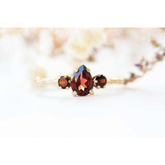 HeartsAndYou 1.5ct Natural Red Garnet Trilogy Solitaire Ring 100% REAL 14k SOLID Yellow Gold