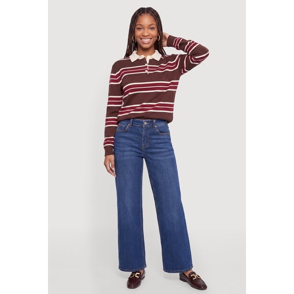 Women's Striped Long Sleeve Button Front Rugby Shirt