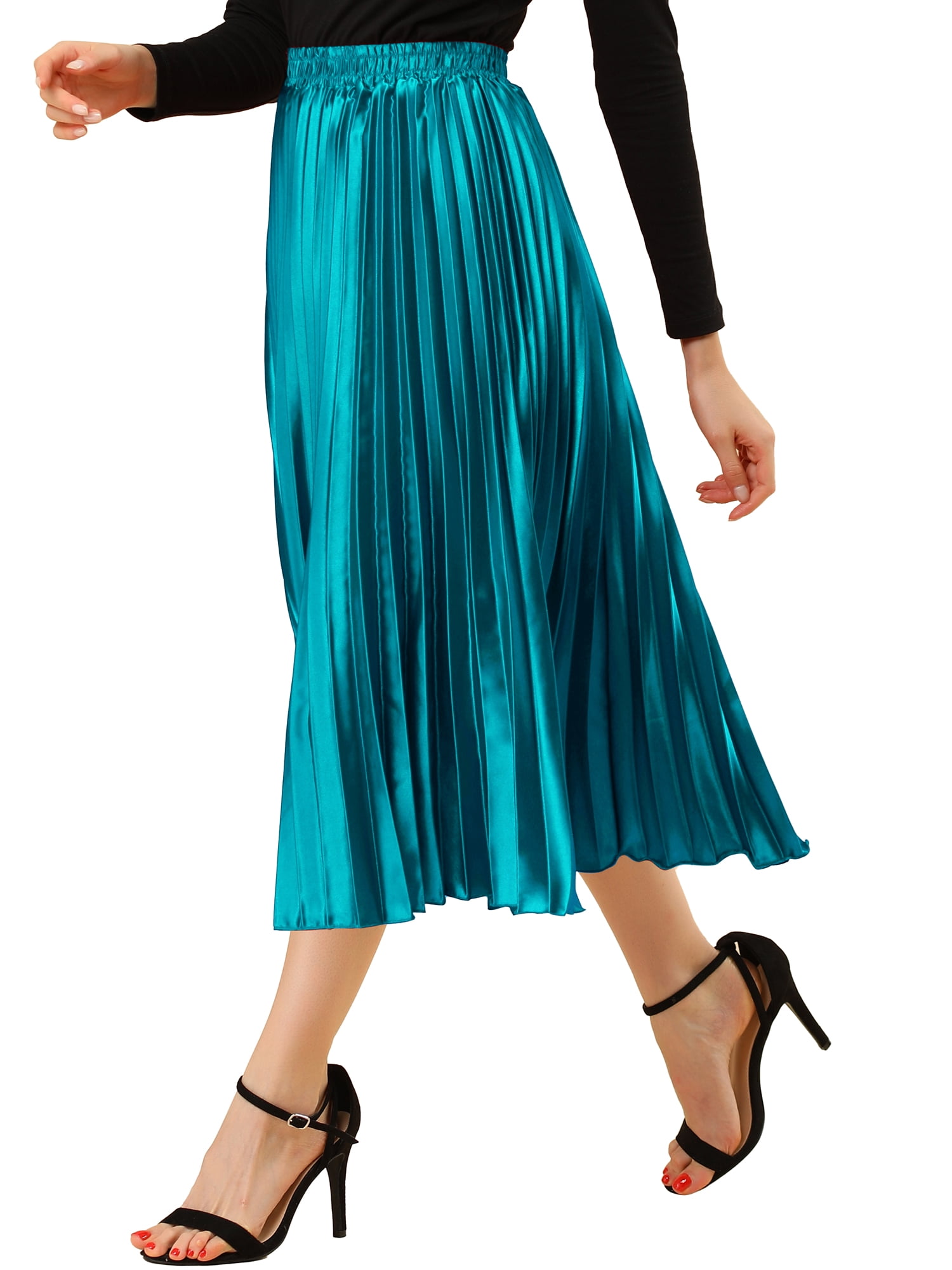 DARING DIVA Women's A-line High Waist Pleated Midi Skirt XS Peacock Blue