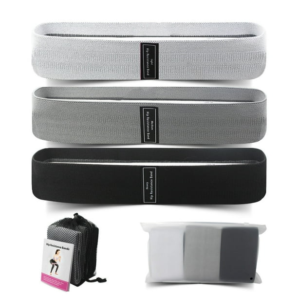 3 bandas de resistencia para yoga, de tela, antideslizantes, para sentadillas y cadera, para ejercicio físico, color gris claro, gris medio y negro.