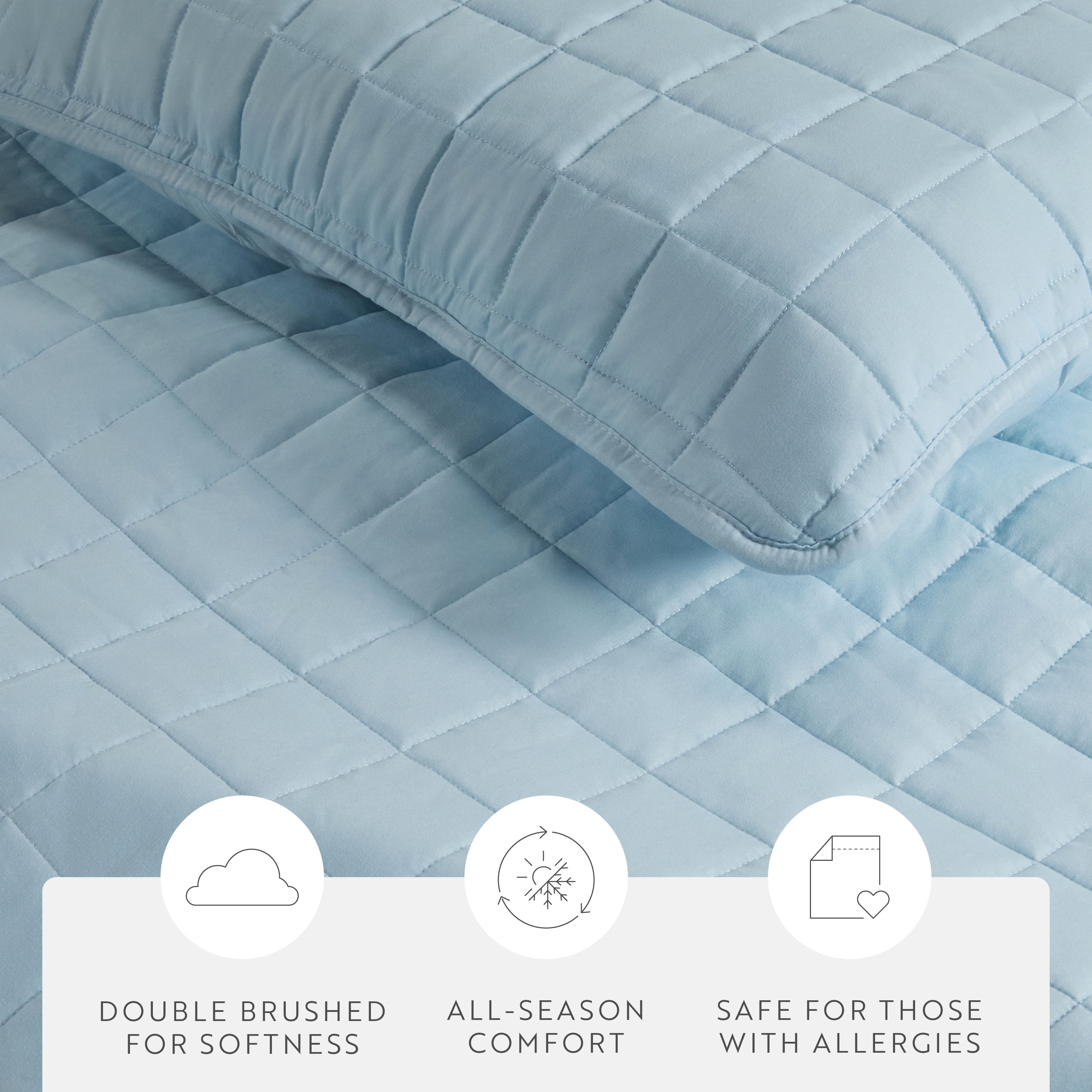 Noble Linens Pale Blue Square Pattern Quilted Coverlet Set, Full/Queen