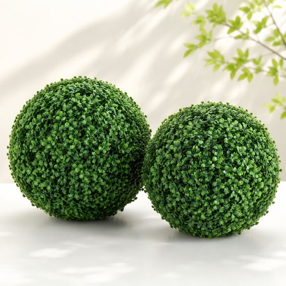 2 Pack Artificial Boxwood Topiary Balls, 9in Faux Green Plant Spheres for Indoor Outdoor Garden Patio Decor