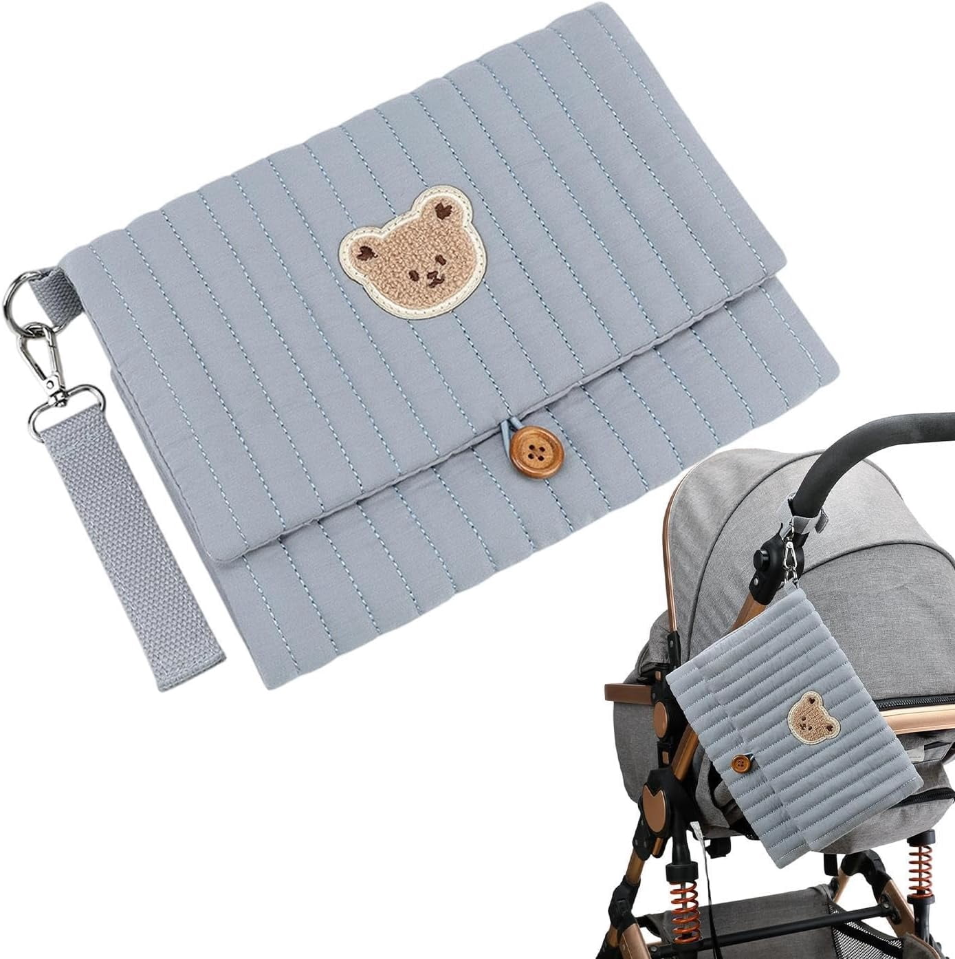 Diaper and Wipes Pouch | Cute Bear Embroidery Foldable Pouch | with Stroller Strap Compartment Diaper Bag Organizers | for