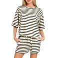 thumbnail image 2 of Women 2 Piece Sets Summer Outfits Cute Stripe Knit T Shirts Shorts Matching Lounge Set Black S, 2 of 7