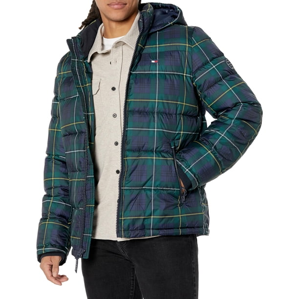 Chaqueta Tommy Hilfiger para hombre, con capucha, acolchada, color azul marino, a cuadros, talla M