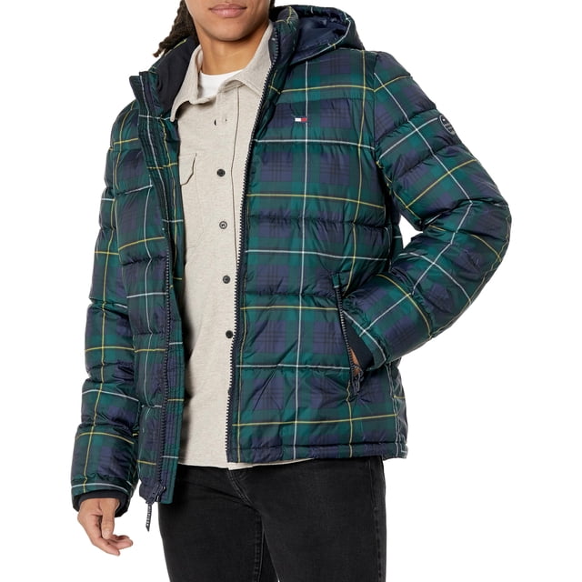 Chaqueta Tommy Hilfiger para hombre, con capucha, acolchada, color azul marino, a cuadros, talla M