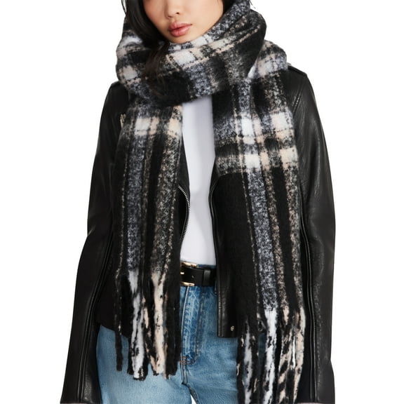 Steve Madden Women’s Plaid Fringe-Trim Scarf -Black
