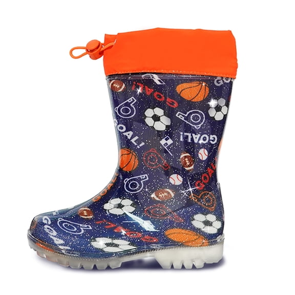 HSYAAMOO Toddler Kids Rain Boots Purple Soccer Pattern – Waterproof Lightweight Non-Slip with Drawstring, Boys & Girls