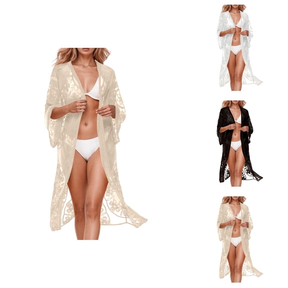 Swimsuit Coverup for Women Elegant Sheer Lace Short Sleeve Loose Open Front Long Kimono Cardigans Beach Cover Up