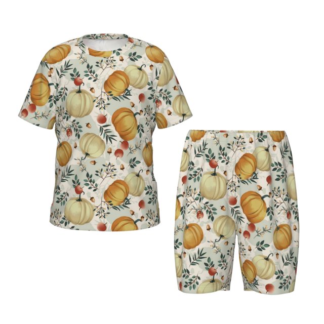 Balery Autumn Pumpkins Leaves Conjunto de Pijama Infantil de Manga Corta con Estampado – Ropa de Dormir de Algodón Suave-Large