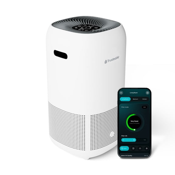 TrustedAir Smart HEPA Air Purifier for Large Rooms, App Control, PM2.5 Sensor, 3-Stage Filtration, Quiet Sleep Mode, Filters 99.97% Dust, Pet Dander, Smoke - White