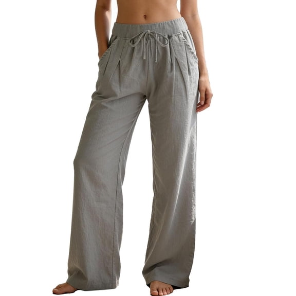 Lumtrix Women's Summer Linen Pants Low Rise Wide Leg Beach Palazzo Pants Casual Drawstring Trousers with Pockets Navy XL