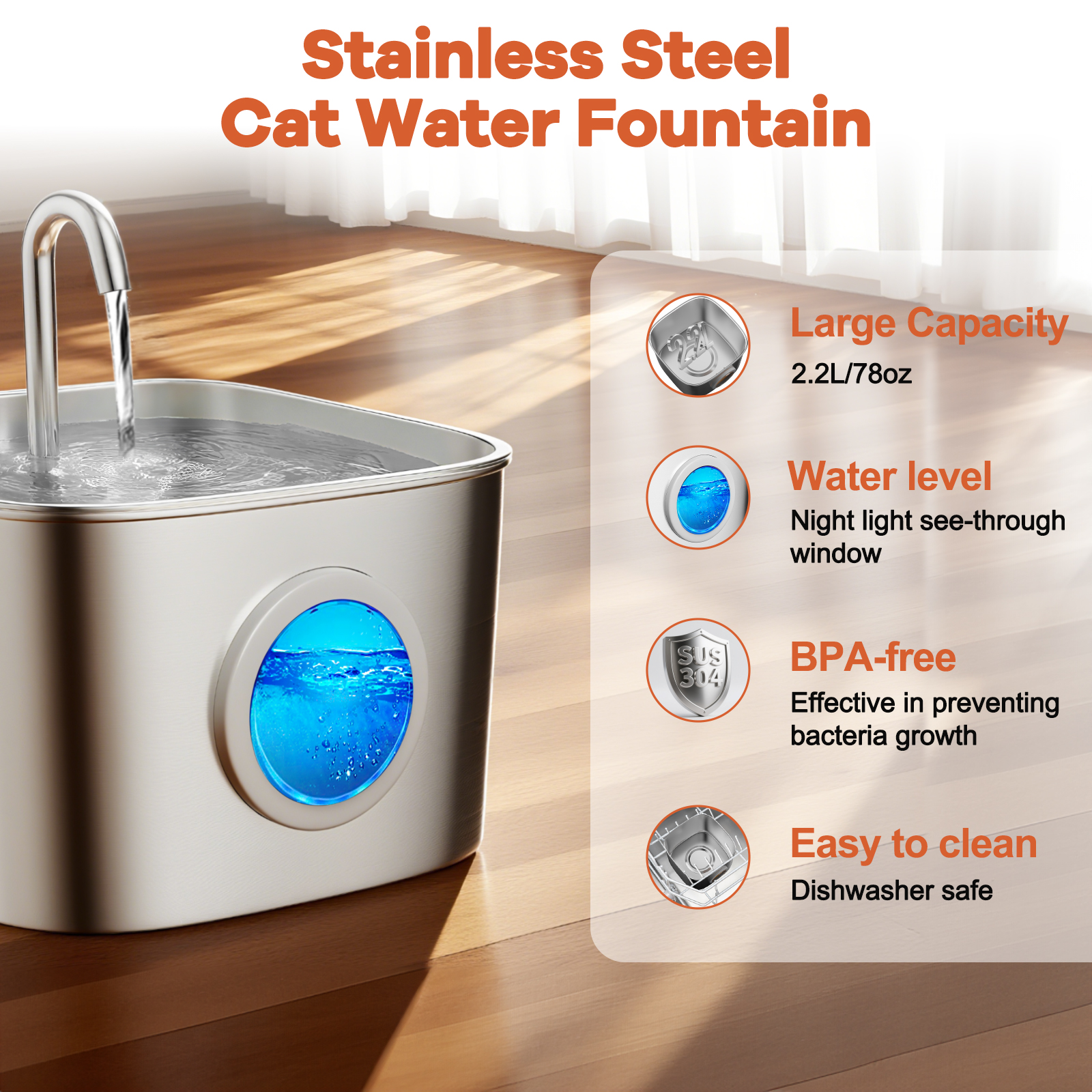 Cat Water Fountain Stainless Steel, YUWENUS 78oz/2.2L Pet Fountain with Water Level Window Automatic Water Dispenser with 4 Replacement Filters for Cats, Dogs