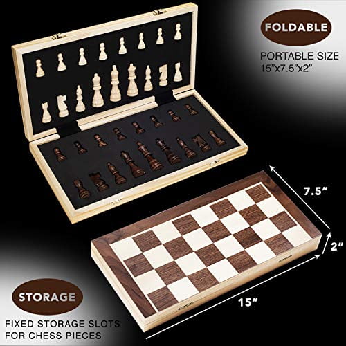 SouvNear 18cm x 18cm Wood Magnetic Chess Set with Staunton Chess Pieces Folding Game Board with Storage