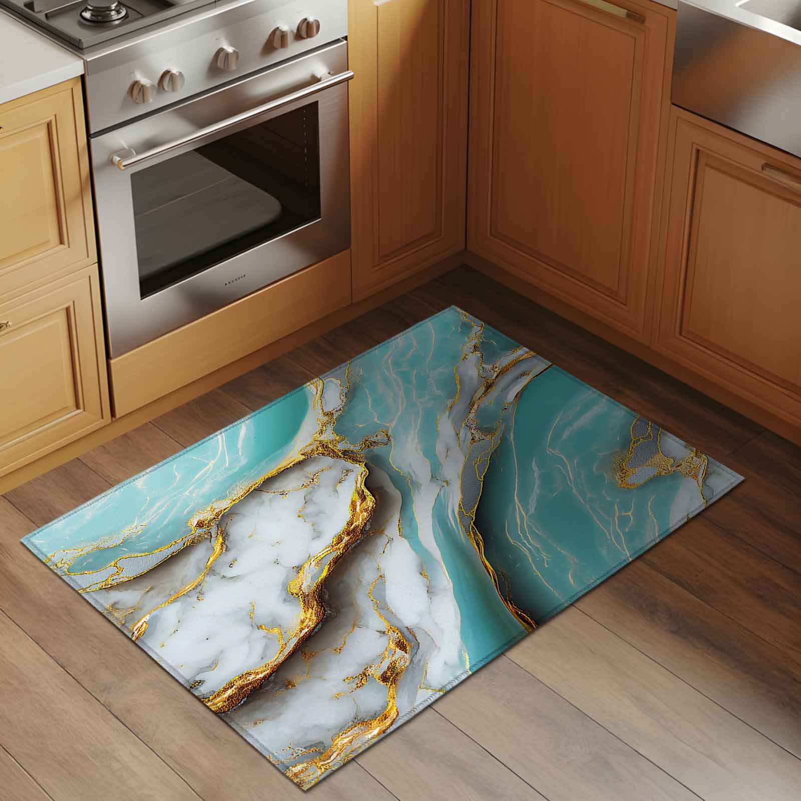 Turquoise Marble Bathroom Rug Washable 2x3 Entryway Rug Non Slip Modern Abstract Gold Stripes Art Front Door Mat Low Pile Indoor Doormat Throw Floor Carpet for Kitchen Bedroom Entrance