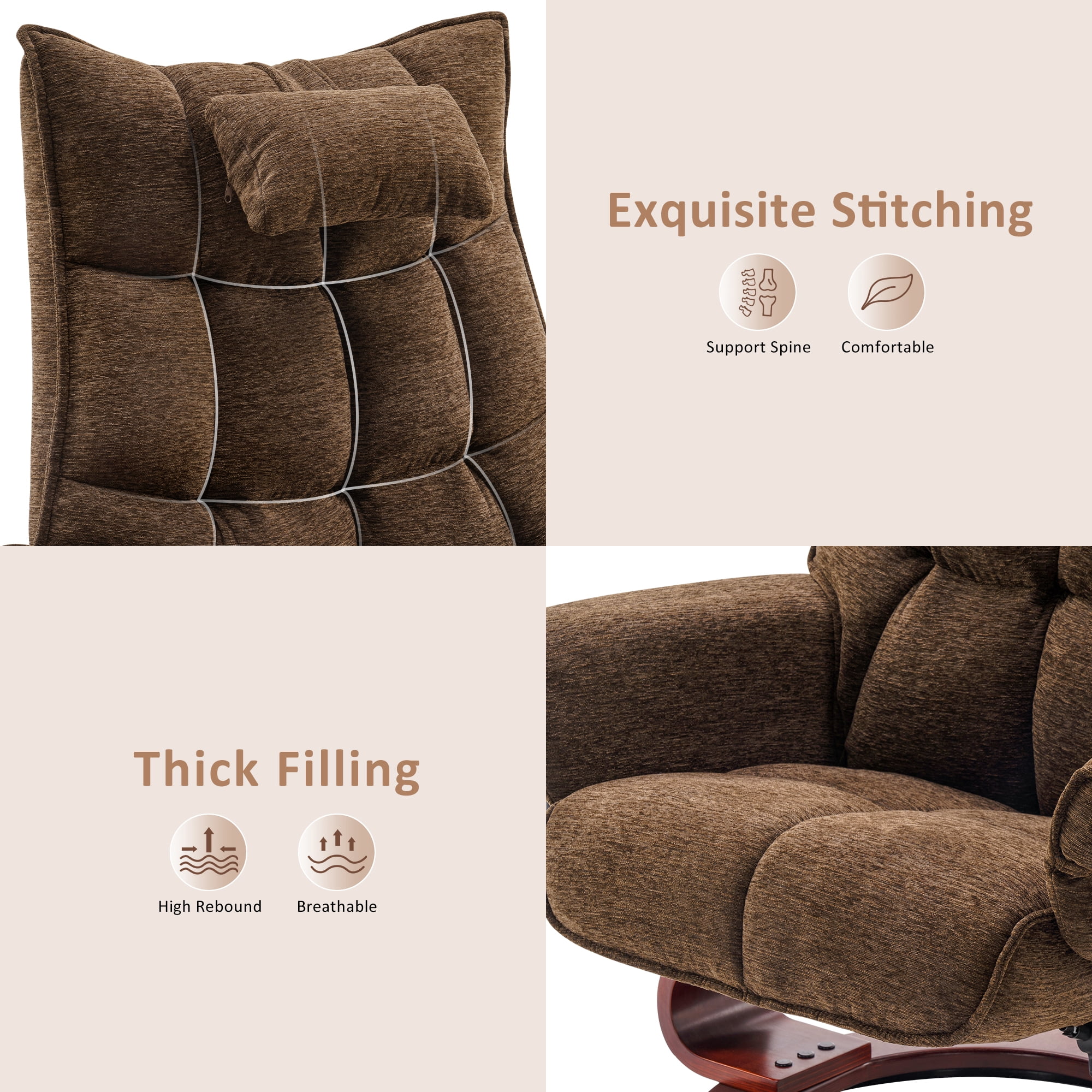 Mcombo Swivel Recliner with Ottoman, Massage TV Chairs with Neck Pillow and Side Pocket for Living Reading Room, Chenille Fabric 4188