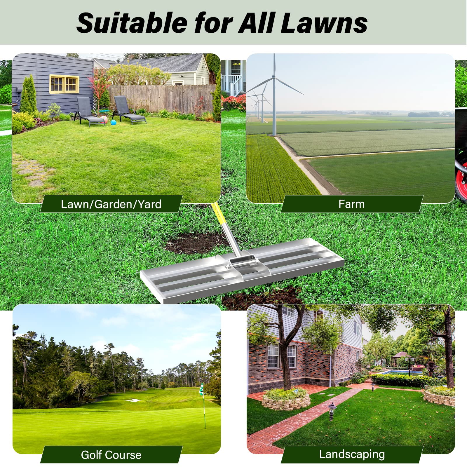 Lawn Leveling Rake, 30 x 10 inch Lawn Leveler Rake with Adjustable Stainless Steel Handle, Lawn Level Tool for Soil with Handle for Yard, Garden, Golf Leveling, 6.5FT