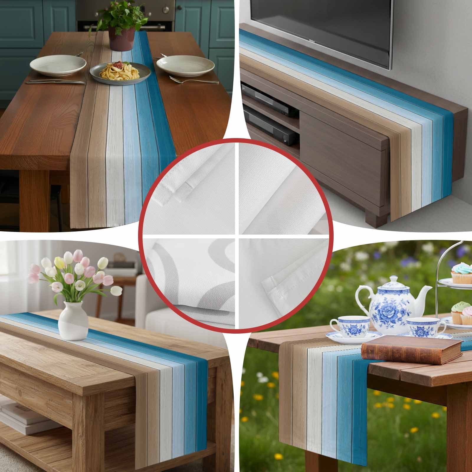 Watercolor Blue Gradient Wood Board Table Runner 90 Inches Long, Farm Brown Wooden Table Runners Tabletop Scarf Kitchen Dining Tables Decoration for Home Party Indoor Outdoor