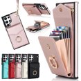 thumbnail image 1 of Case Compatible with Samsung S21 FE, Premium Synthetic Leather Magnetic Buckle Wallet Card Slot with Ring Holder Stand Wrist Strap Back Phone Cover For Samsung Galaxy S21 FE , Rosegold, 1 of 10