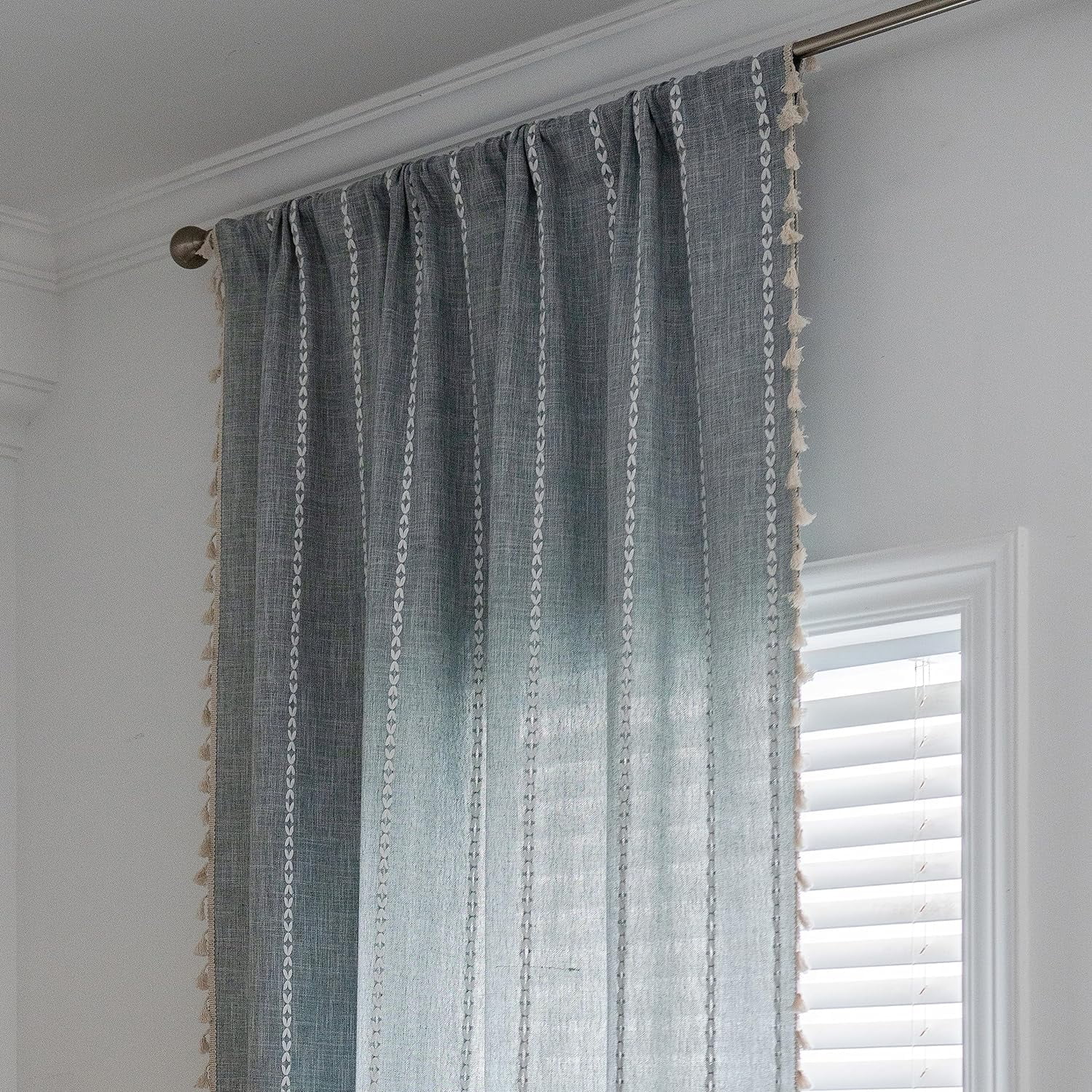 Psoiuetr Blue Boho Curtains for Bedroom Living Room Linen Cotton Embroidered Semi Blackout Farmhouse Window Treatment Drape Vintage Tassels Rod Pocket 1 Panel 52" W x 84" L