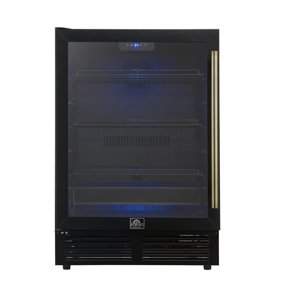 Forno Frescolino 24 Inch Beverage Cooler, Black with Antique Brass Handles, with LED Lighting, Triple Glass Door, 188 Can Capacity, Built-In or Freestanding