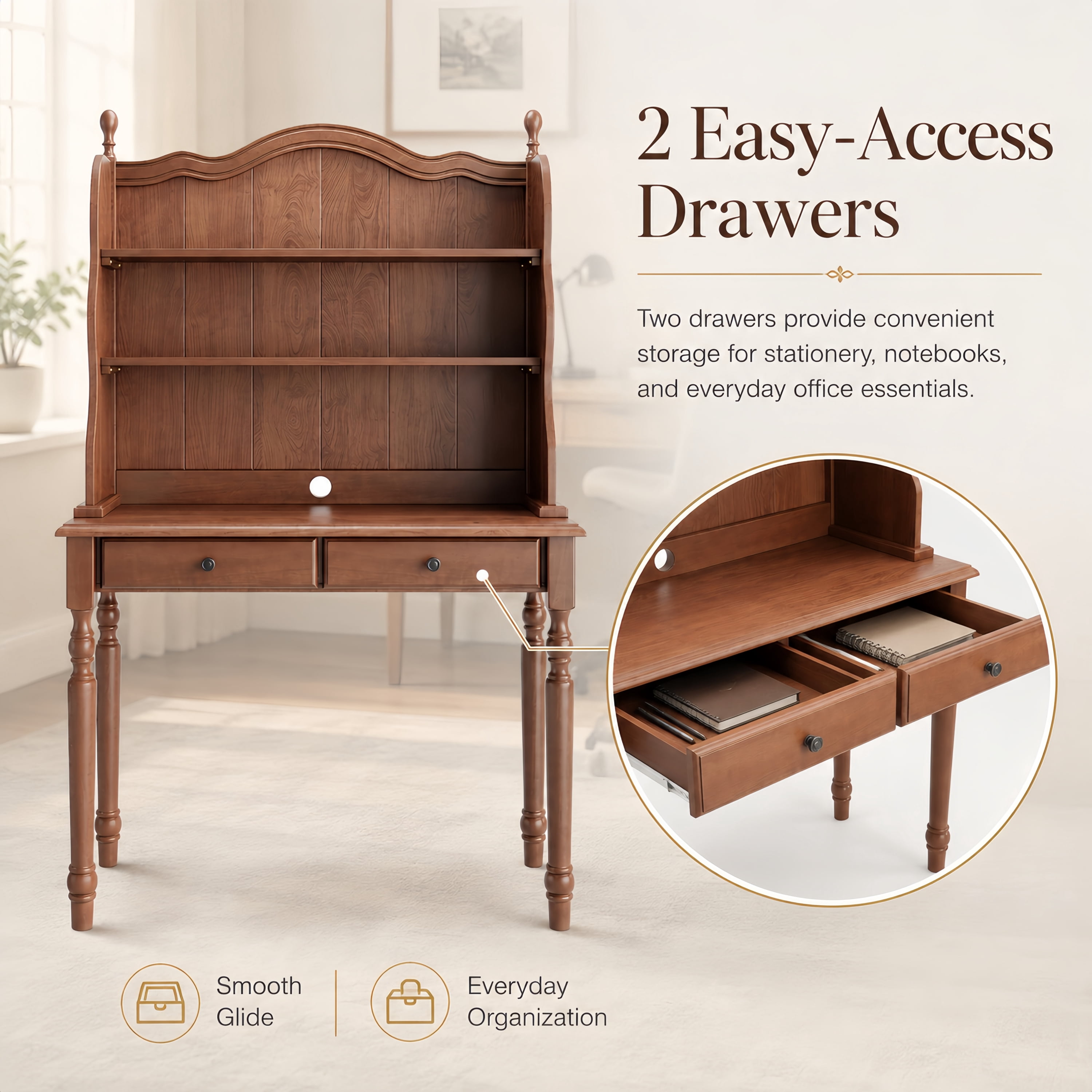 Euroco Mid-Century Computer Desk with Hutch and 2 Drawers, Wood Writing Desk Dressing Table,Study Workstation Table for Home Office Bedroom,Small Space,Walnut