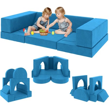 Modular Kids Play Couch, Wanan 9PCS Kids Couch for Playroom Bedroom, Multifunctional Kids Sofa for Playing, Creativing, Sleeping, Indoor Toddler Couch for Boys and Girls (Blue)