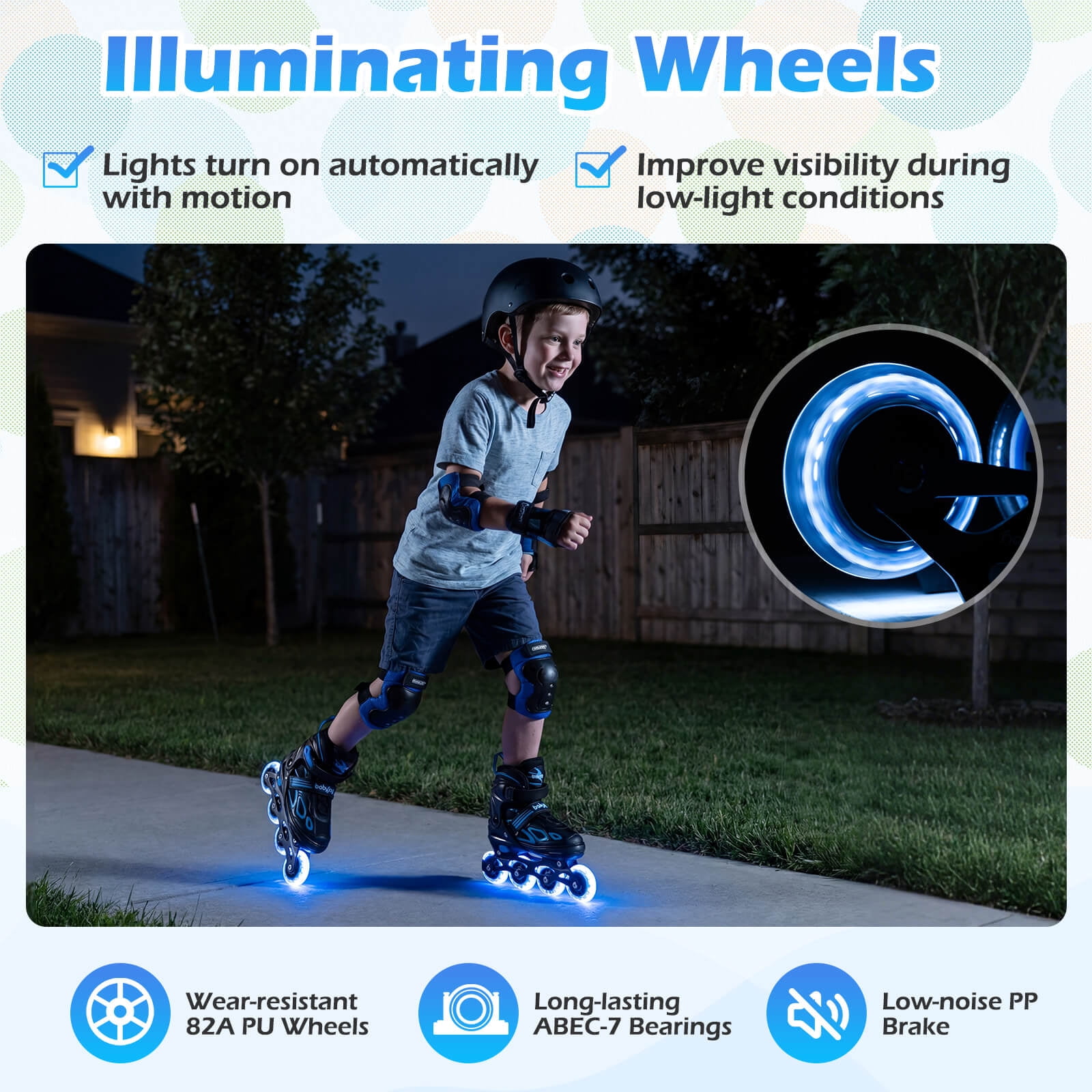 Babyjoy Adjustable Kids’ Inline Skates Ages 7-9 4 Sizes Adjustable Blade Roller with Light-up Wheels Black & Blue