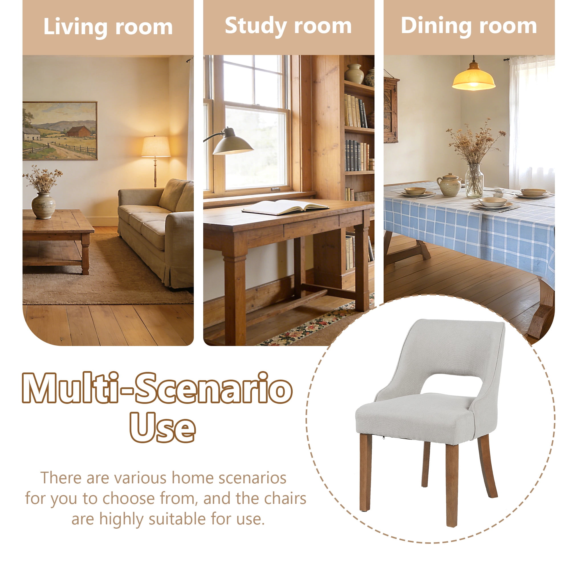 ClinQ Dining Chair,Morden Wood Leg Upholstered Kitchen Chair Set of 2, Linen-Walnut Leg