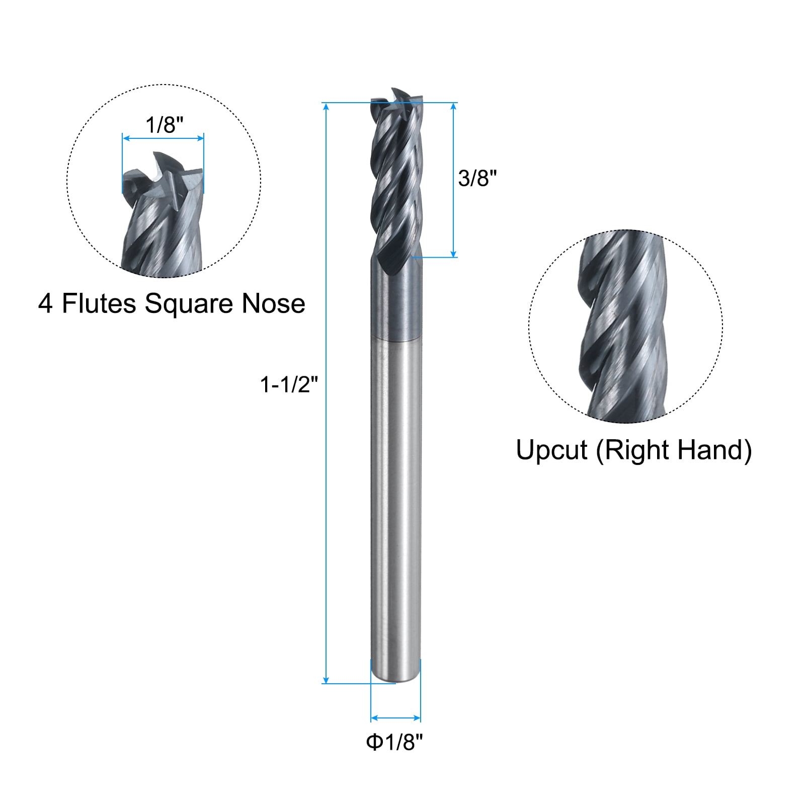 Uxcell 5 Pieces Solid Carbide Square End Mills 1/8" Dia AlTiN BN Coated 4 Flutes Milling Bit 1/8" Shank 1-1/2" Long