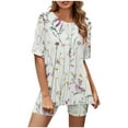 thumbnail image 2 of Ensembles d'Entraînement pour Femmes Mode Blouse à Col Rond Manches Courtes Hauts Shorts Ensemble Décontracté Été 2 Pcs pour Femmes en Liquidation, 2 of 5