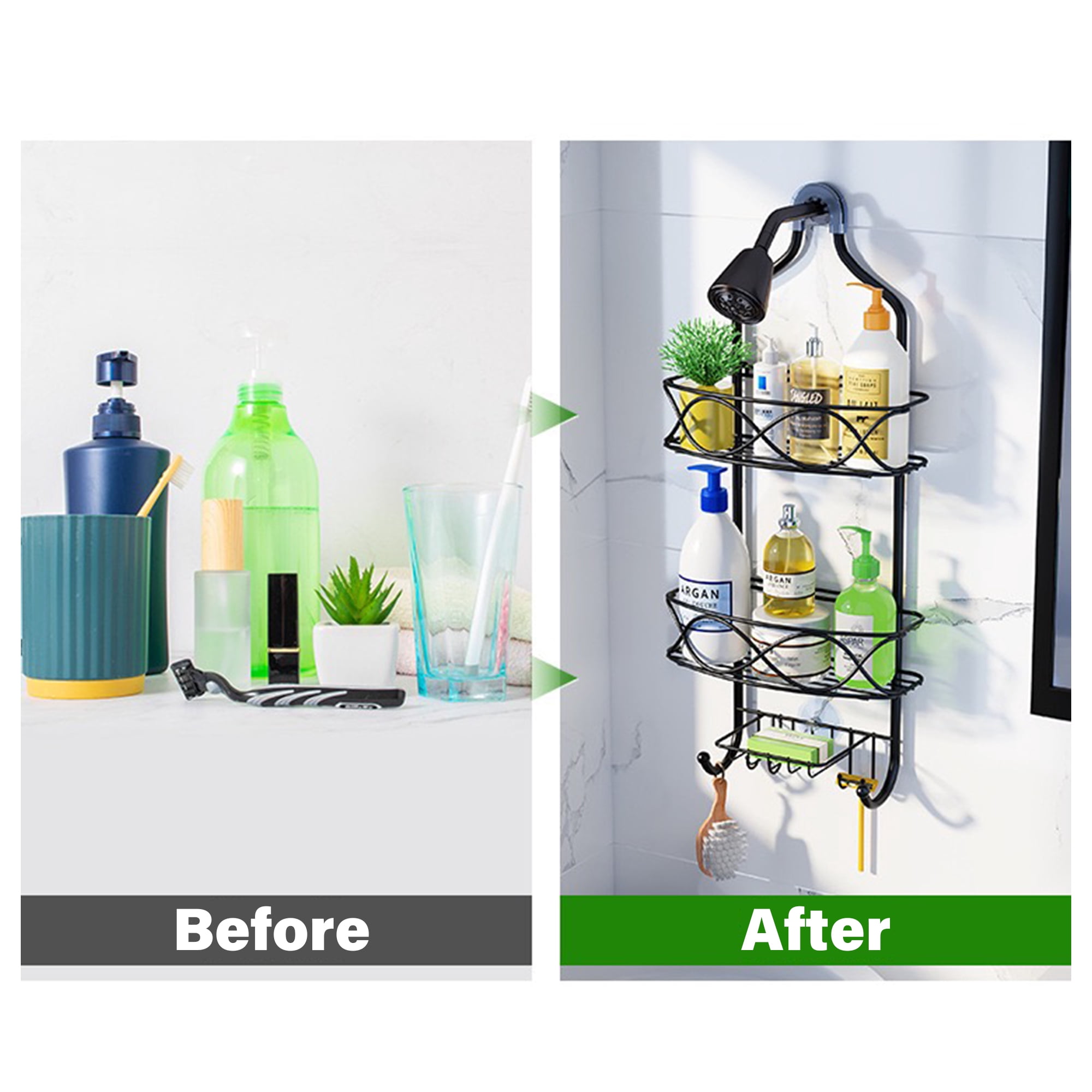 Junjian Hanging Shower Caddy, Simple Design Anti-Swing Shower Organizer, Stainless Steel Shower Shelves, over the Shower Head Bathroom Storage (Matte Black)