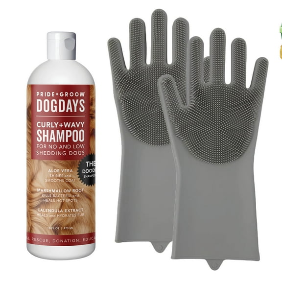Pride and Groom DogDays Curly   Wavy The Scrub Kit - Natural Dog Shampoo with Silicone Scrubber Gloves for Low or No-Shedding Breeds with Coat Massage, Clean Ingredients, and Gentle Pet Grooming Care