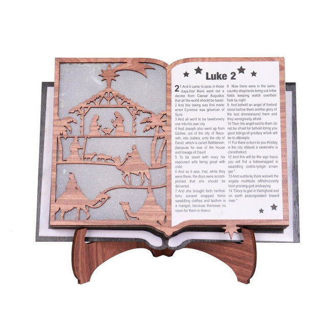 Estatua de Madera Grabada Xihbxyly 11 Pulgadas En Forma de Libro de La Biblia con Luz para Exhibir Escenas de Nacimiento Decoraciones de Madera para Pascua y Navidad