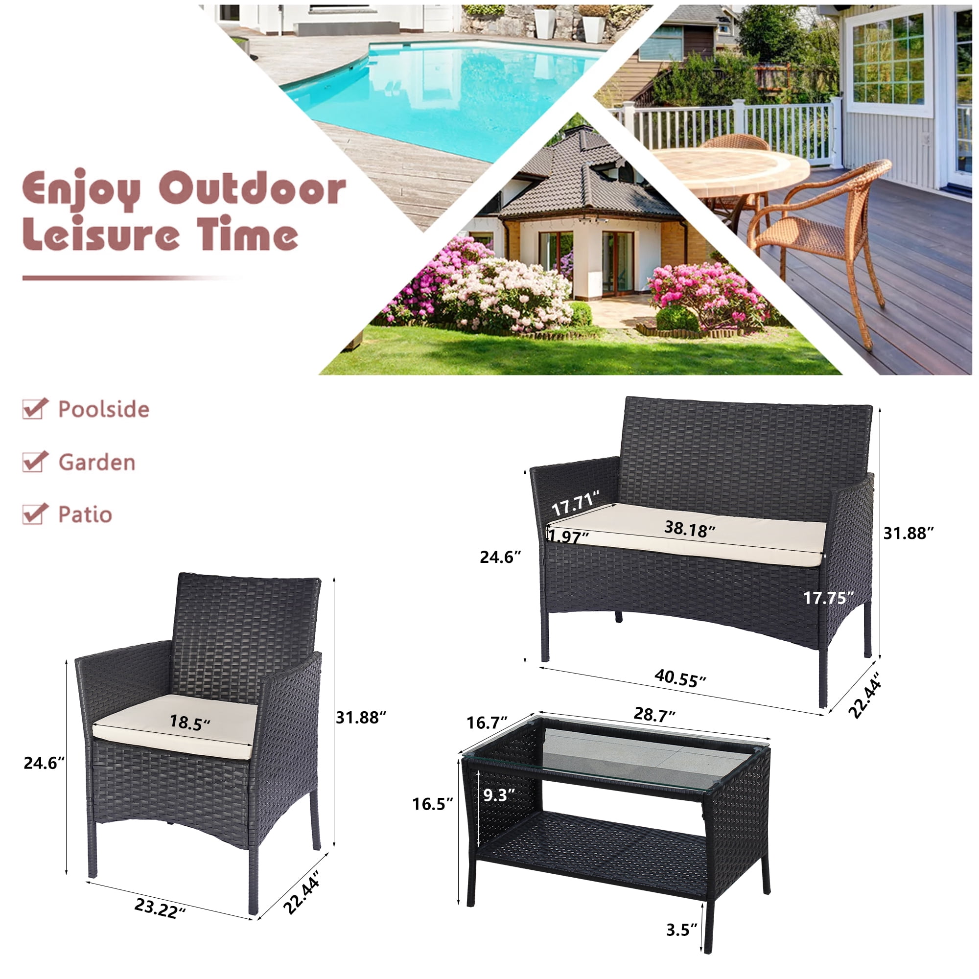 8 PCS Outdoor Patio Bistro Furniture Set, All-Weather Rattan Chair Set, Conversation Furniture Sets, Cushioned Seat & Glass Table, Bistro Table Set for Porch Garden Poolside Balcony, T208