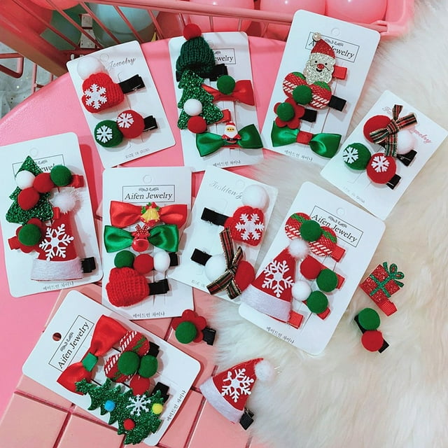MesaSe Kids Girl Christmas Tree Santa Elk Snowflake Hat Shape Duckbill Hairpin Gift Set