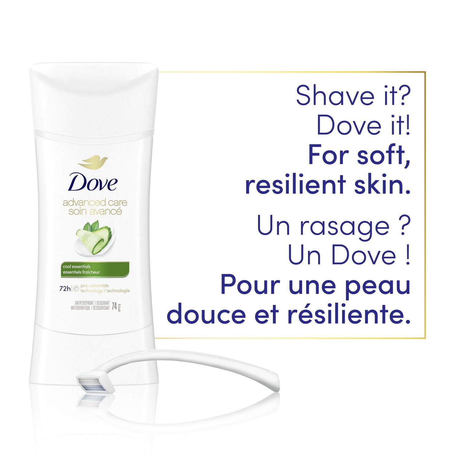 Antisudorifique désodorisant pour femme Dove Soin Avancé parfum Essentiels Fraîcheur avec technologie pro-céramides pour une peau douce et résistante