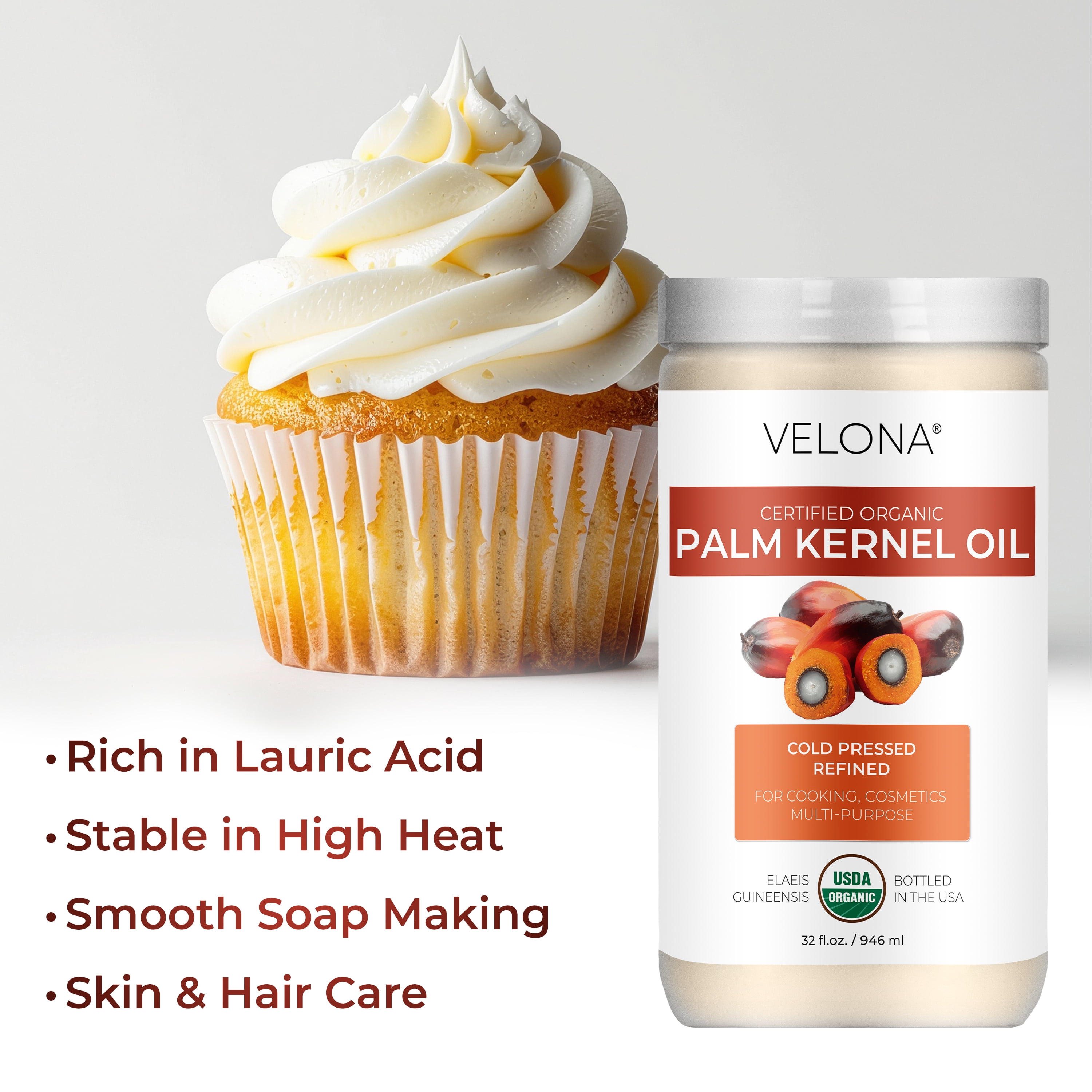 velona USDA Certified Organic Palm Kernel Oil - 64 Fl Oz | 100% Pure and Natural Carrier Oil | Refined, Cold Pressed | Face, Hair, Body & Skin Care | Use Today - Enjoy Results