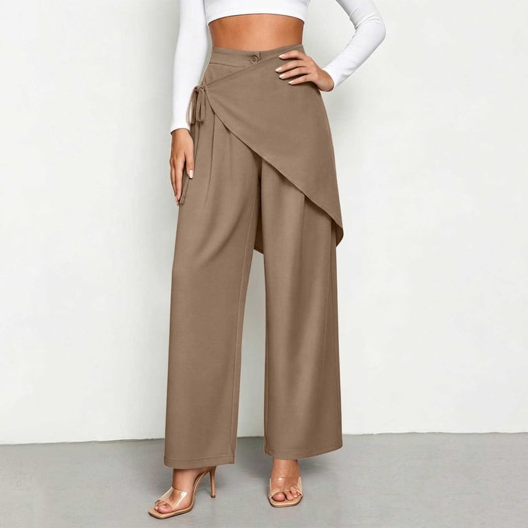Miluxas Women's Dress Pants High Waisted Tie-Waist Asymmetrical Patchwork Solid Color Wide Leg Casual Work Pants Khaki L(l), Size: Large, Gray