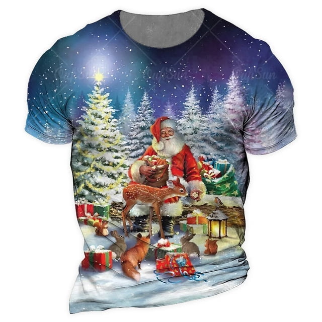 Ropa con patrón de Papá Noel para hombre, camiseta de manga corta con cuello redondo, talla grande europea, novedad de 2024