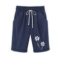 thumbnail image 4 of Dazajoo Women Cotton Linen Drawstring Shorts Summer Trendy Flower Printed Elastic Waist Bermuda Shorts for Women 2024 Loose Casual Knee Length Solid Color Drawstring Pants with Pockets,Navy,M, 4 of 6