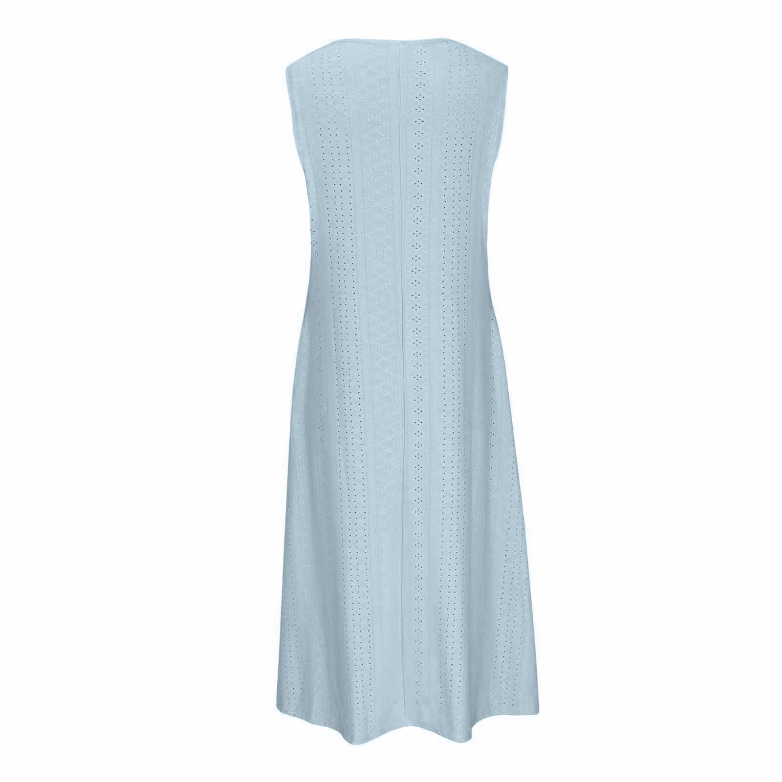ATOYSOY Women's V Neck Pockets Tea Length A Line Dress Solid Color Beach Sundress Trendy Summer Saving Retro Sleeveless Button Elegant Casual Eyelet Dress for Girls Light Blue L