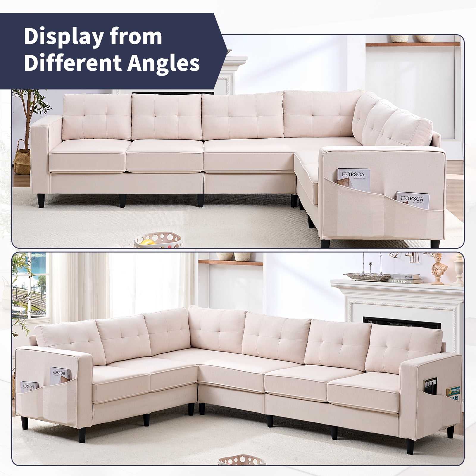 ZAFLY L Shaped Sectional Couch, Corner Couches and Sofas with Side Pockets, Sectionals for Living Room - Beige