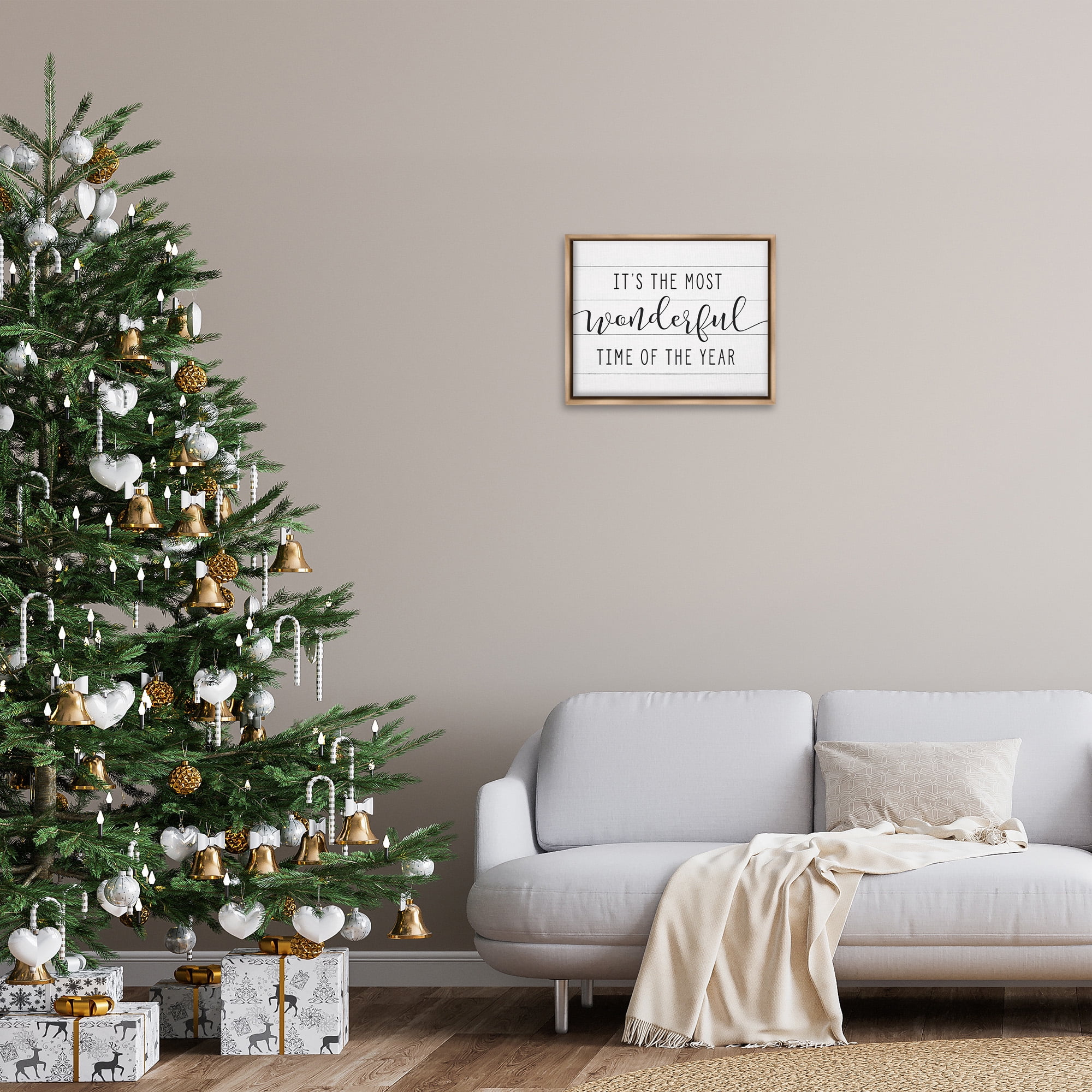 Stupell Industries Most Wonderful Time Rustic Chic Holiday Painting Brown Floater Framed Canvas Art Print Wall Art, 21 x 17