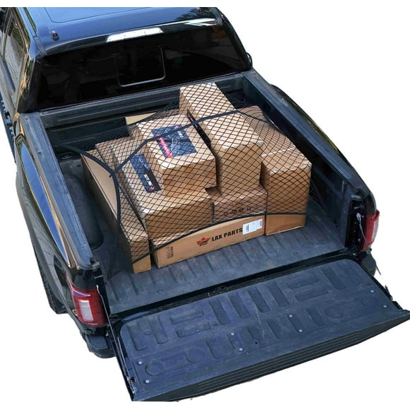 LAX Cargo Net for Pickup Truck Beds, Adjustable 4'x4' to 7'x7', Fits Trucks, SUVs, and Trailers, NOT FIT Maverick, Ranger, and SMALL TRUCK, Includes Extra Carabiners & Storage Bag, Single Layer Design
