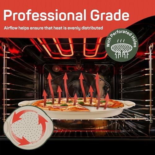 Nonstick Pizza Pan Set with Silicone Handles, Round Carbon Steel Tray 2 Pack 13-Inch with Perforated Holes, Oven & Dishwasher Safe White Marble
